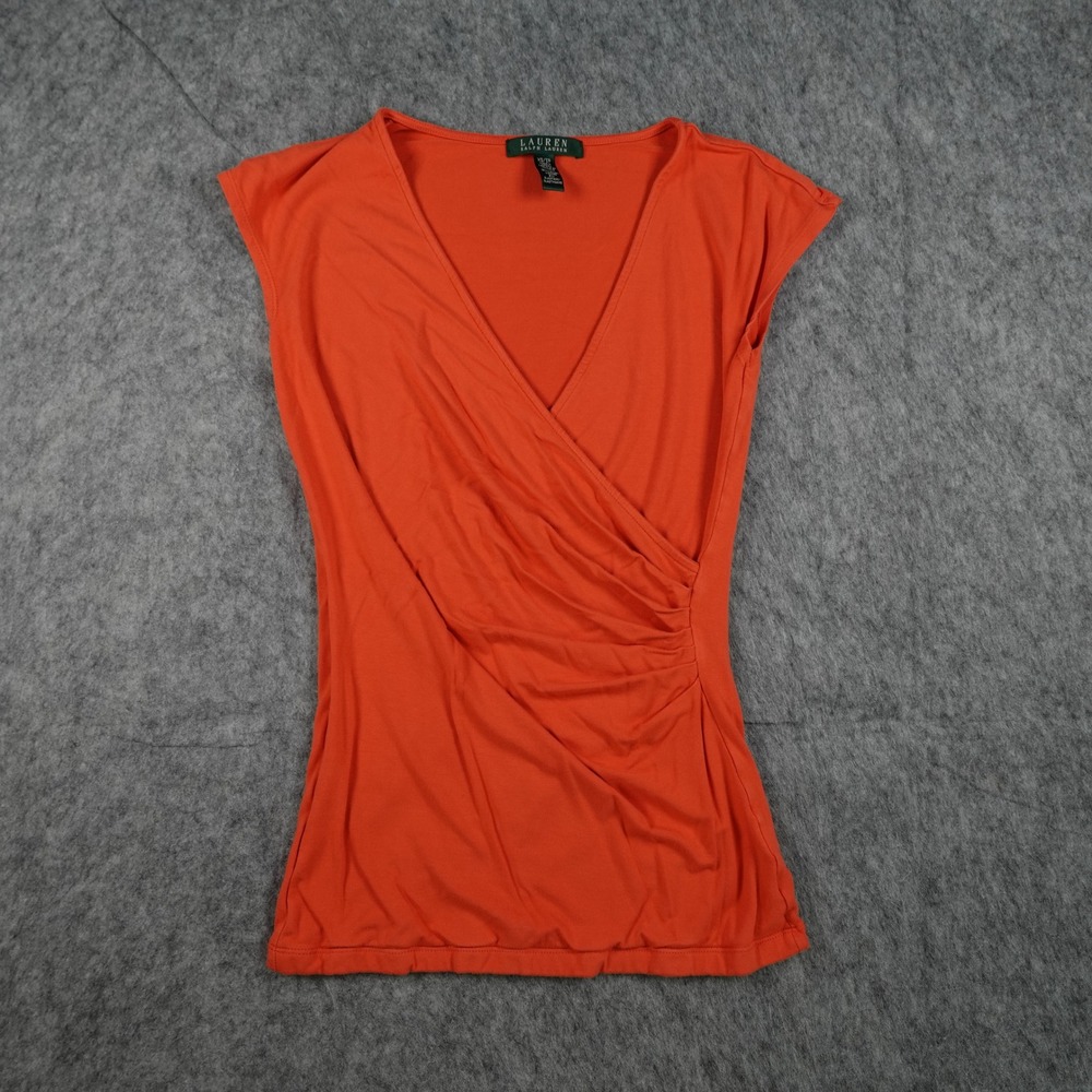 Ralph Lauren Top Womens Extra Small Orange Surplice Ruched VNeck Stretch Cap Slv